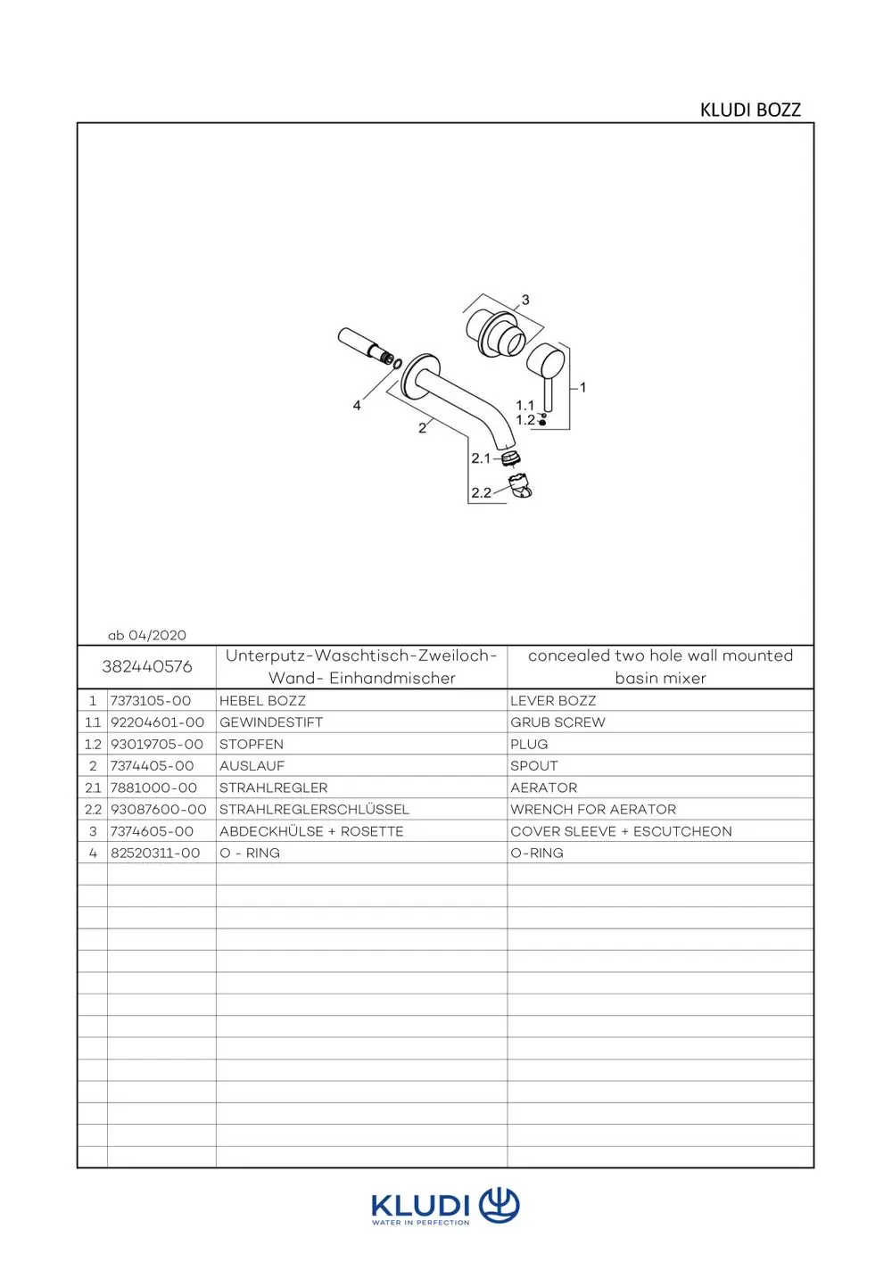 Skizze eines KLUDI BOZZ Wandmischers mit Einzelteilen, inklusive Hebel, Spout, Aerator und Abdeckstück. Ersatzteilinfo ist unten aufgelistet.
